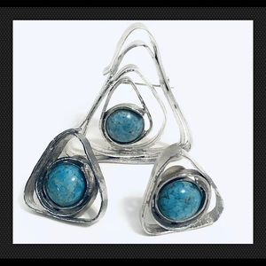 Vintage Turquoise & Silver Pewter Earrings Pin Set